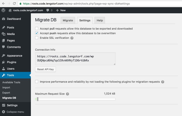 The WP Sync DB plugin on the live site.